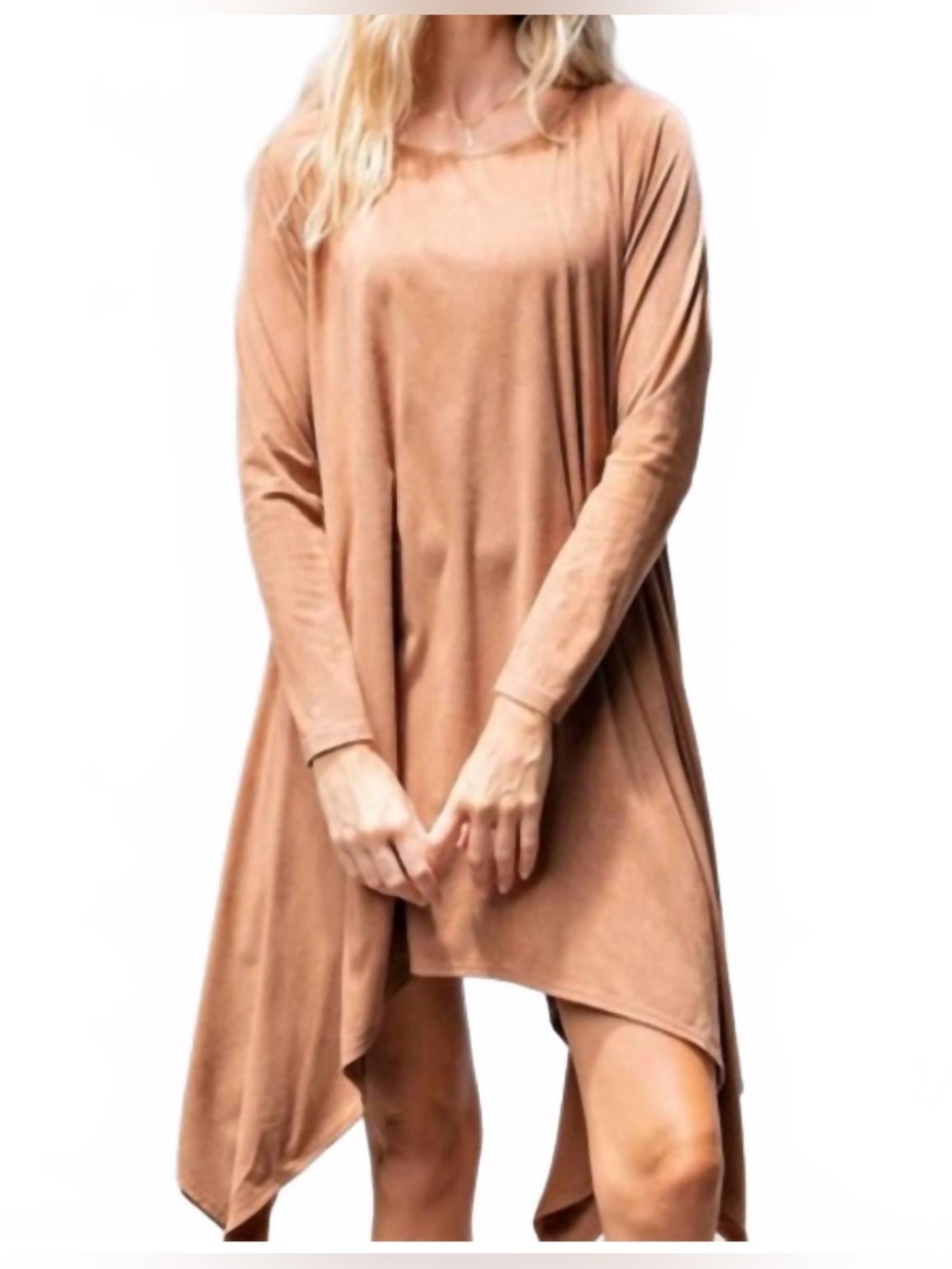 Easel Asymmetrical Hem Fauz Suede Long Sleeve Dress - Camel- Med